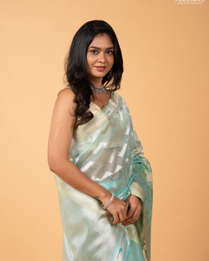 Sky Blue & Pista Green Kora Jamdhani Silk Saree