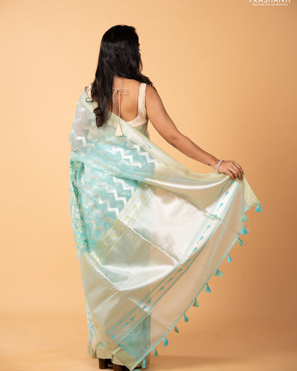 Sky Blue & Pista Green Kora Jamdhani Silk Saree