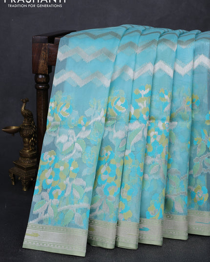 Sky Blue & Pista Green Kora Jamdhani Silk Saree