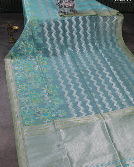 Sky Blue & Pista Green Kora Jamdhani Silk Saree