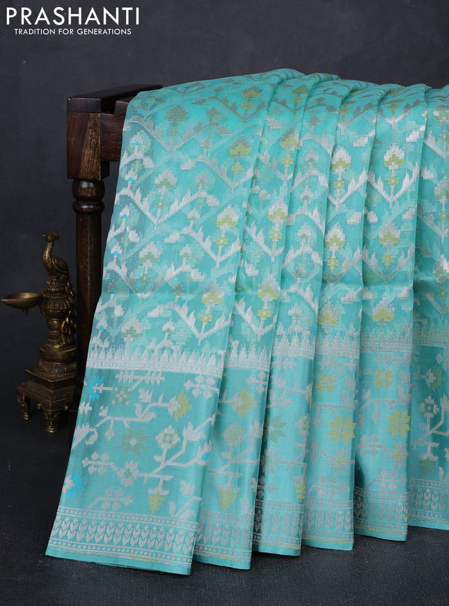 Teal Blue Kora Jamdhani Silk Saree