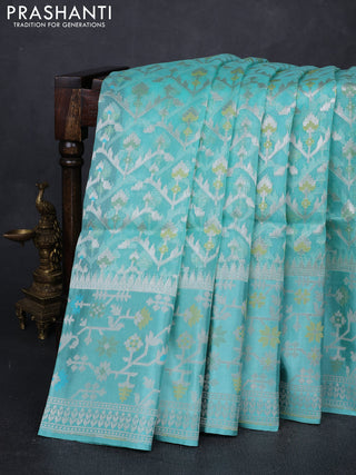 Teal Blue Kora Jamdhani Silk Saree