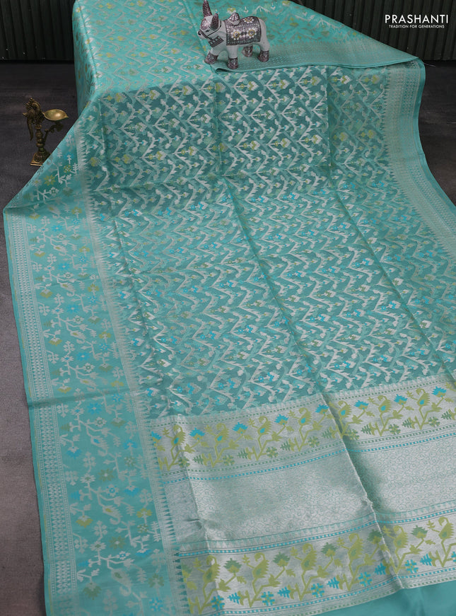 Teal Blue Kora Jamdhani Silk Saree
