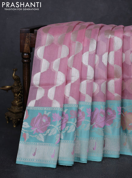 Light Pink & Teal Green Kora Jamdhani Silk Saree
