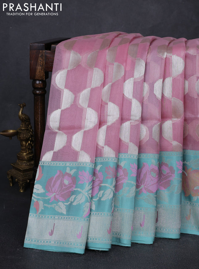 Light Pink & Teal Green Kora Jamdhani Silk Saree
