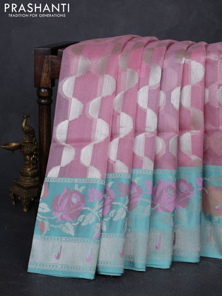 Light Pink & Teal Green Kora Jamdhani Silk Saree