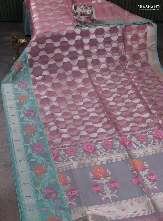 Light Pink & Teal Green Kora Jamdhani Silk Saree