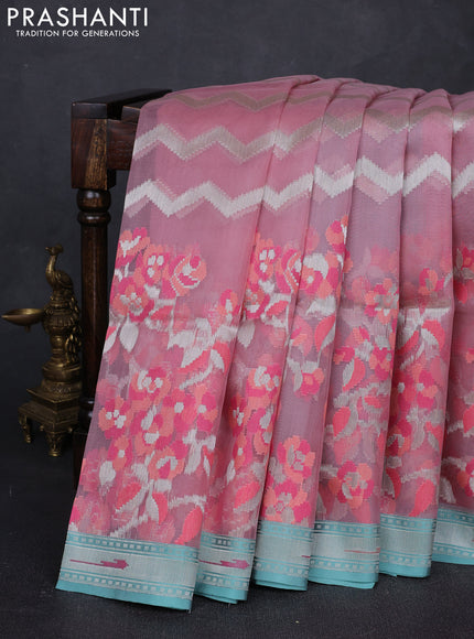Baby Pink & Teal Green Kora Jamdhani Silk Saree