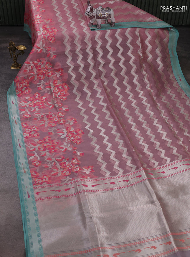 Baby Pink & Teal Green Kora Jamdhani Silk Saree