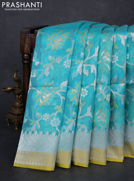 Teal Blue & Yellow Kora Jamdhani Silk Saree