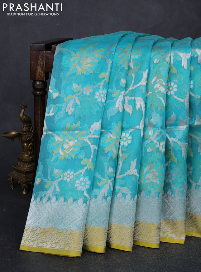 Teal Blue & Yellow Kora Jamdhani Silk Saree