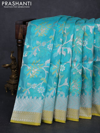Teal Blue & Yellow Kora Jamdhani Silk Saree