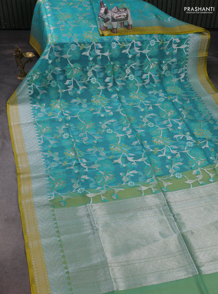 Teal Blue & Yellow Kora Jamdhani Silk Saree
