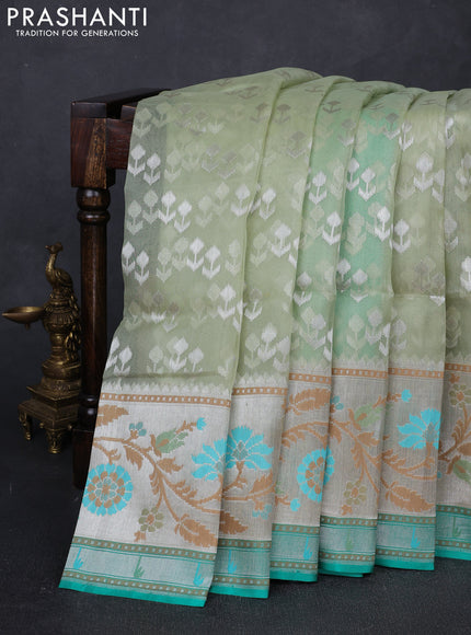 Pista Green & Green Kora Jamdhani Silk Saree