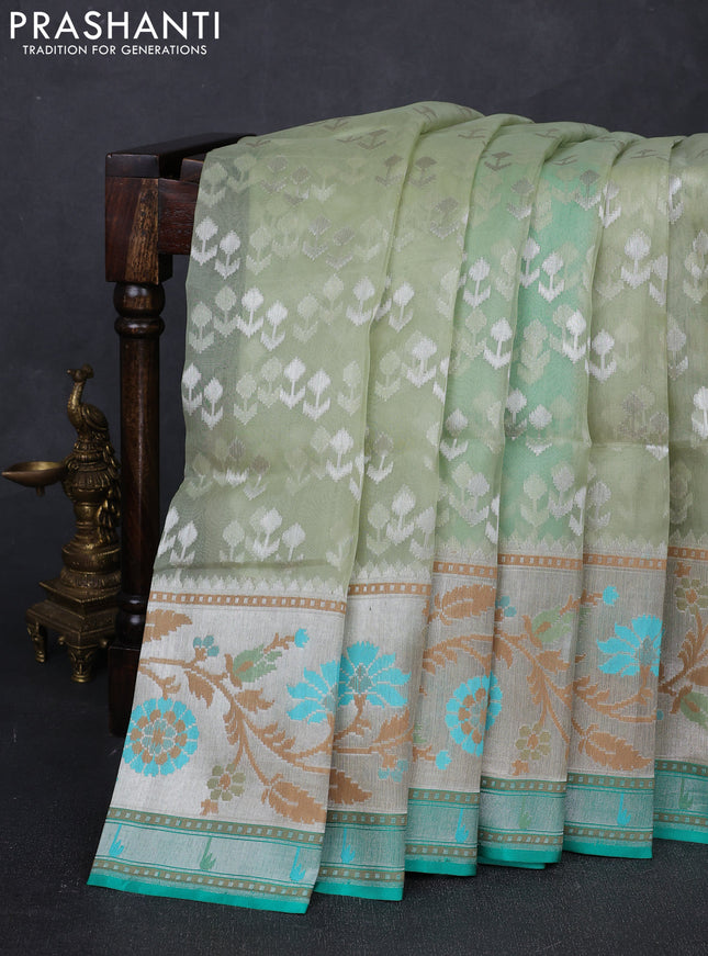 Pista Green & Green Kora Jamdhani Silk Saree