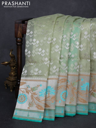 Pista Green & Green Kora Jamdhani Silk Saree