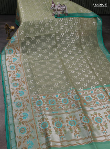Pista Green & Green Kora Jamdhani Silk Saree