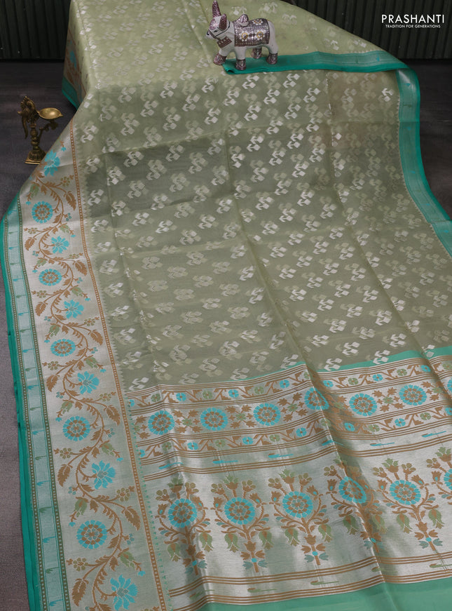 Pista Green & Green Kora Jamdhani Silk Saree