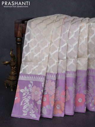 Beige & Lavender Kora Jamdhani Silk Saree