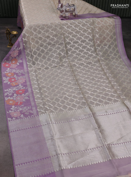 Beige & Lavender Kora Jamdhani Silk Saree