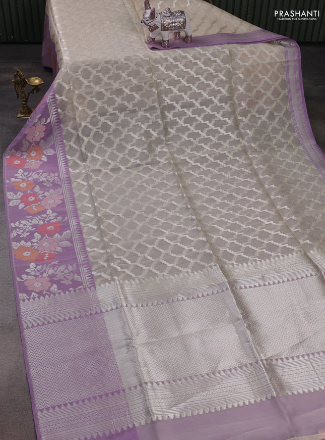 Beige & Lavender Kora Jamdhani Silk Saree