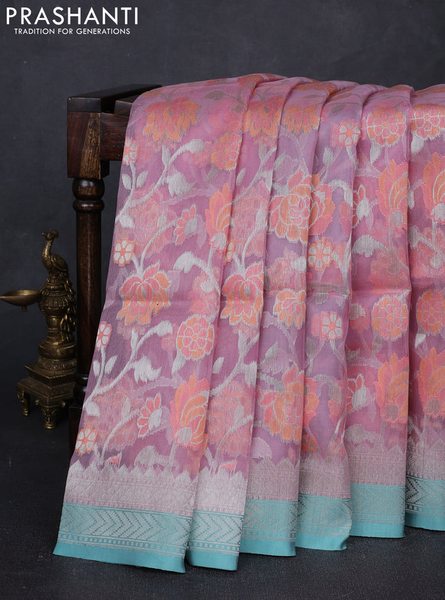 Light Pink & Teal Green Kora Jamdhani Silk Saree