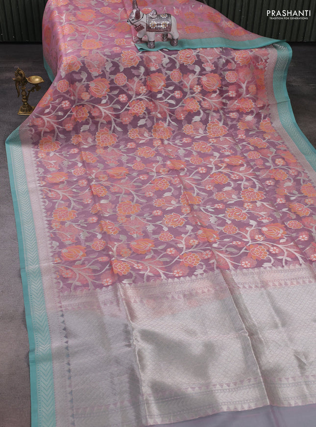 Light Pink & Teal Green Kora Jamdhani Silk Saree