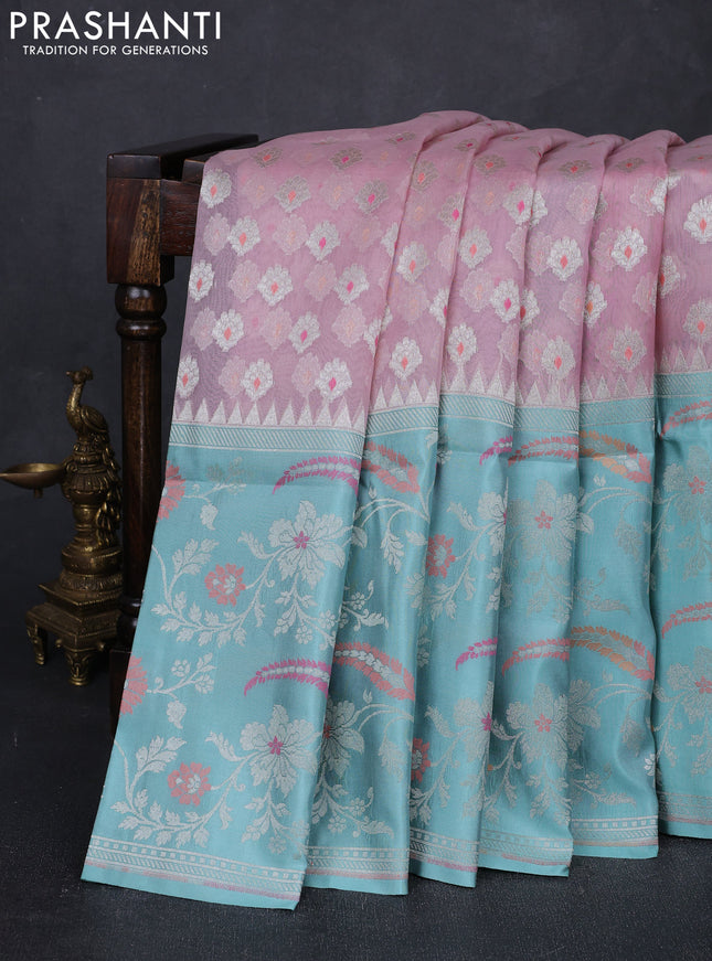 Light Pink & Teal Blue Kora Jamdhani Silk Saree