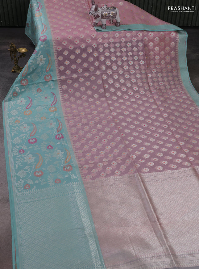 Light Pink & Teal Blue Kora Jamdhani Silk Saree