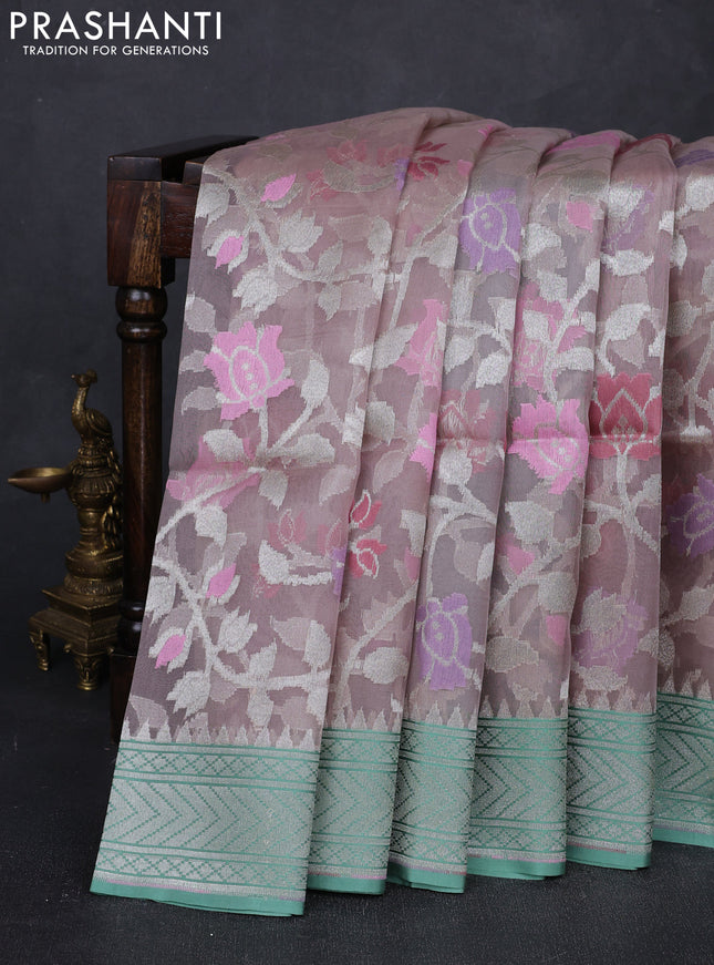 Lavender & Teal Green Kora Jamdhani Silk Saree