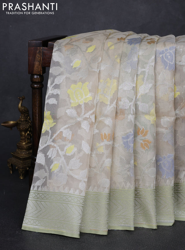 Beige & Pista Green Kora Jamdhani Silk Saree