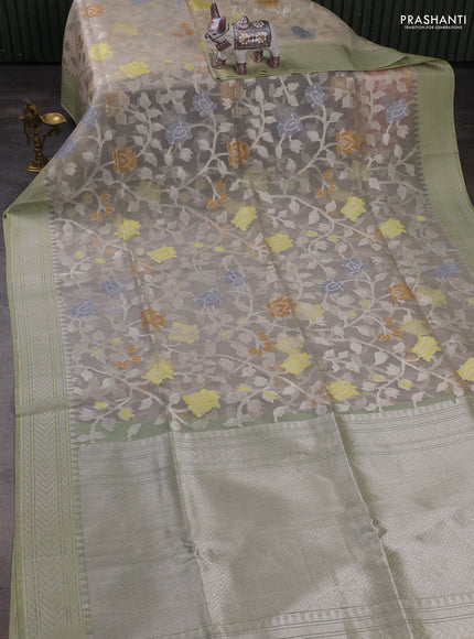 Beige & Pista Green Kora Jamdhani Silk Saree