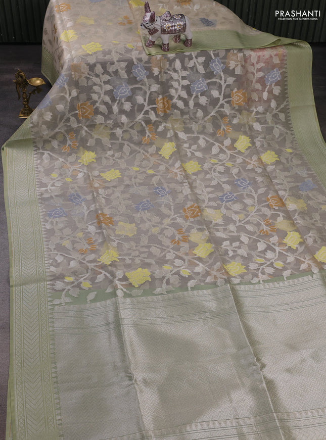 Beige & Pista Green Kora Jamdhani Silk Saree