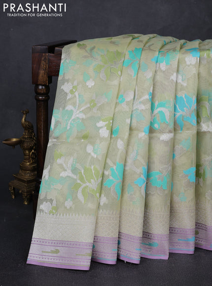 Mild Pista Green & Teal Green Kora Jamdhani Silk Saree