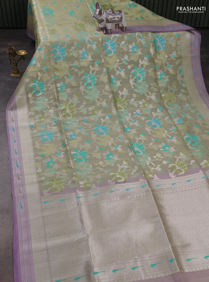 Mild Pista Green & Teal Green Kora Jamdhani Silk Saree