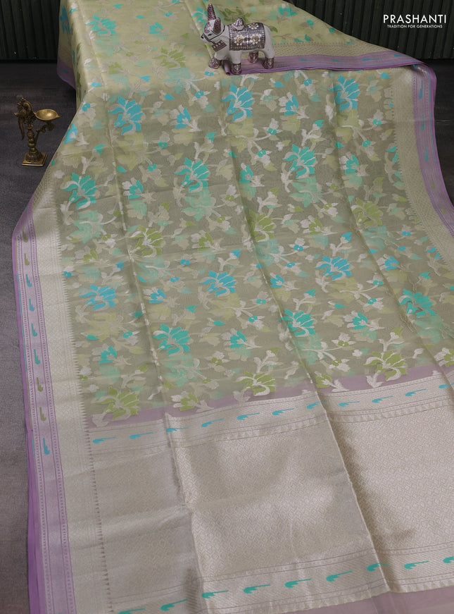 Mild Pista Green & Teal Green Kora Jamdhani Silk Saree