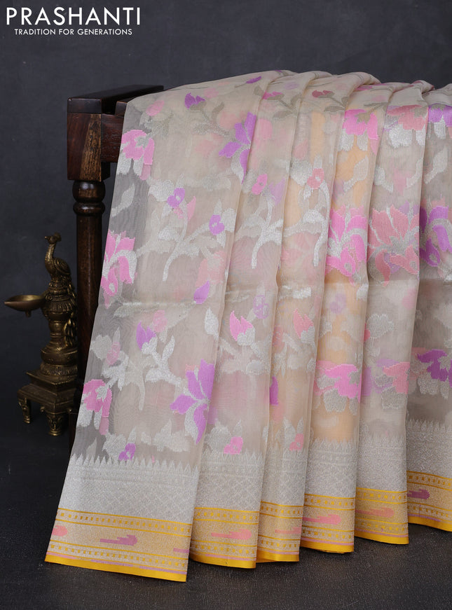 Beige & Yellow Kora Jamdhani Silk Saree