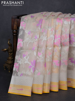 Beige & Yellow Kora Jamdhani Silk Saree