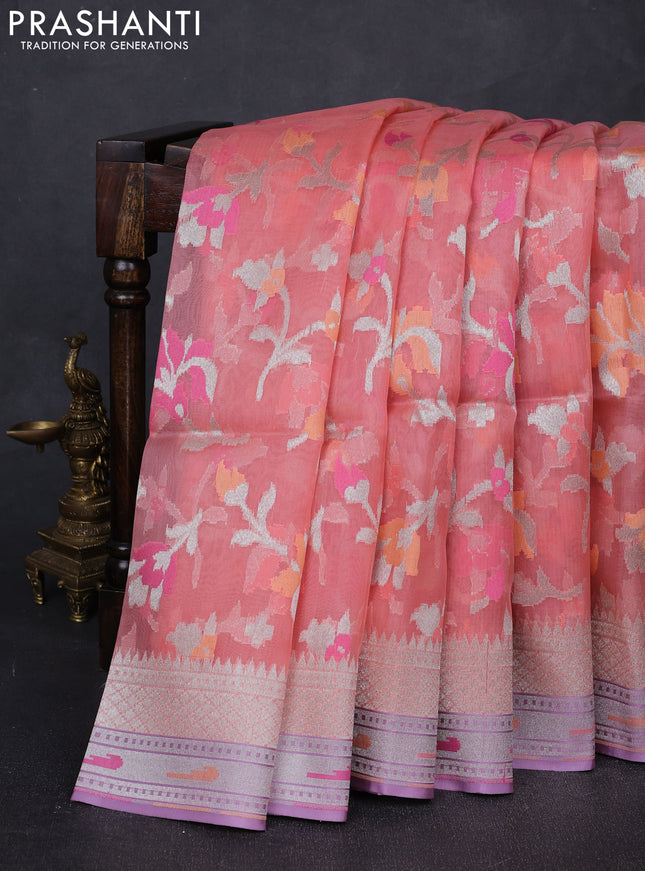 Peach Pink & Mild Lavender Kora Jamdhani Silk Saree