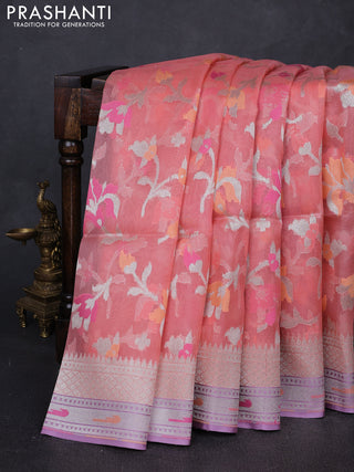 Peach Pink & Mild Lavender Kora Jamdhani Silk Saree