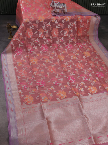 Peach Pink & Mild Lavender Kora Jamdhani Silk Saree