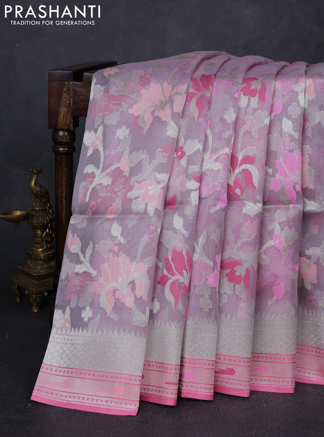 Mild Lavender & Pink Kora Jamdhani Silk Saree