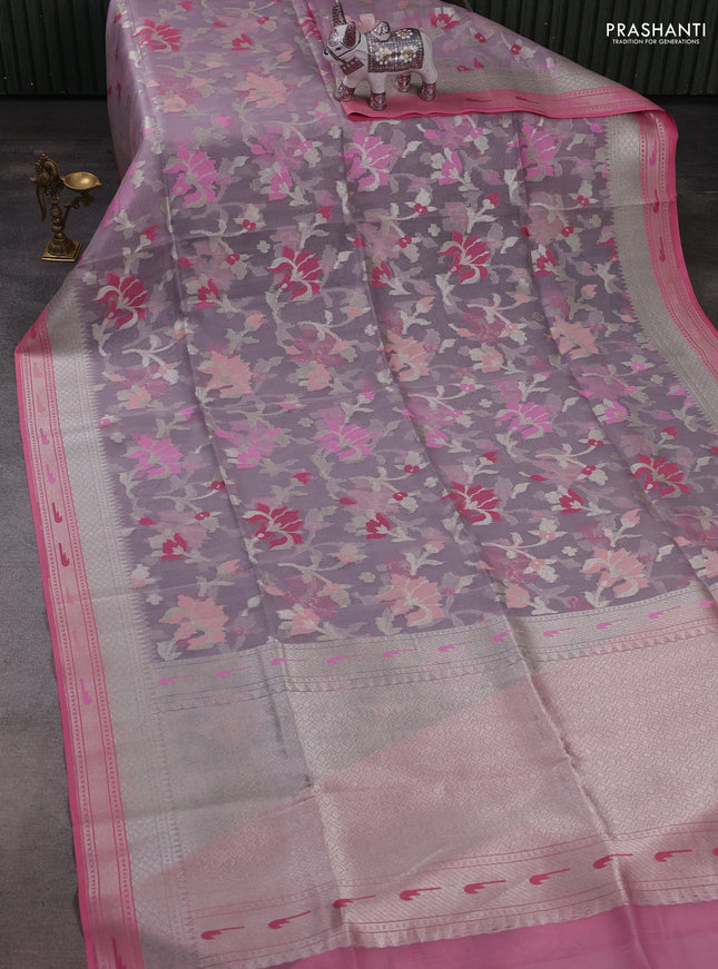 Mild Lavender & Pink Kora Jamdhani Silk Saree