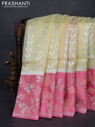 Pale Yellow & Light Pink Kora Jamdhani Silk Saree