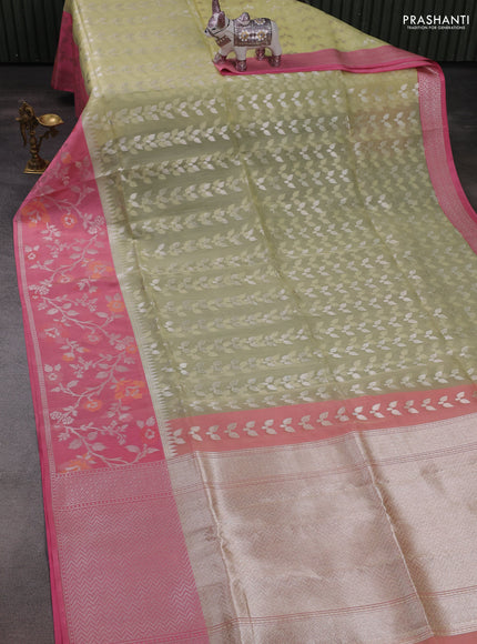 Pale Yellow & Light Pink Kora Jamdhani Silk Saree
