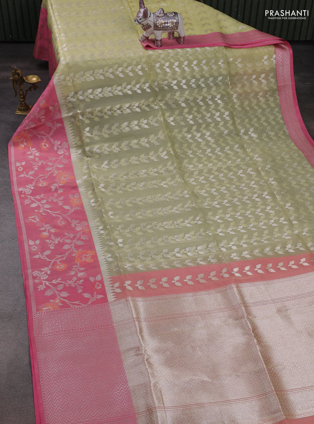 Pale Yellow & Light Pink Kora Jamdhani Silk Saree