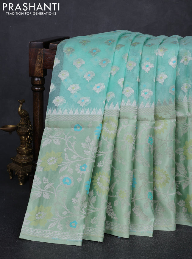 Teal Green & Mild Pista Green Kora Jamdhani Silk Saree