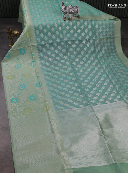 Teal Green & Mild Pista Green Kora Jamdhani Silk Saree