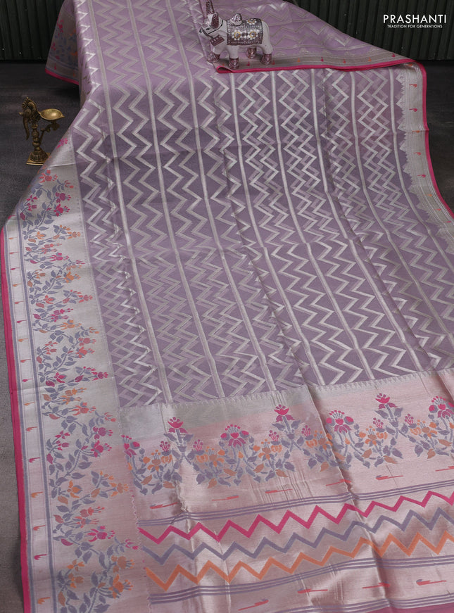 Mild Lavender & Pink Kora Jamdhani Silk Saree