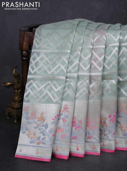Mild Pista Green & Light Pink Kora Jamdhani Silk Saree
